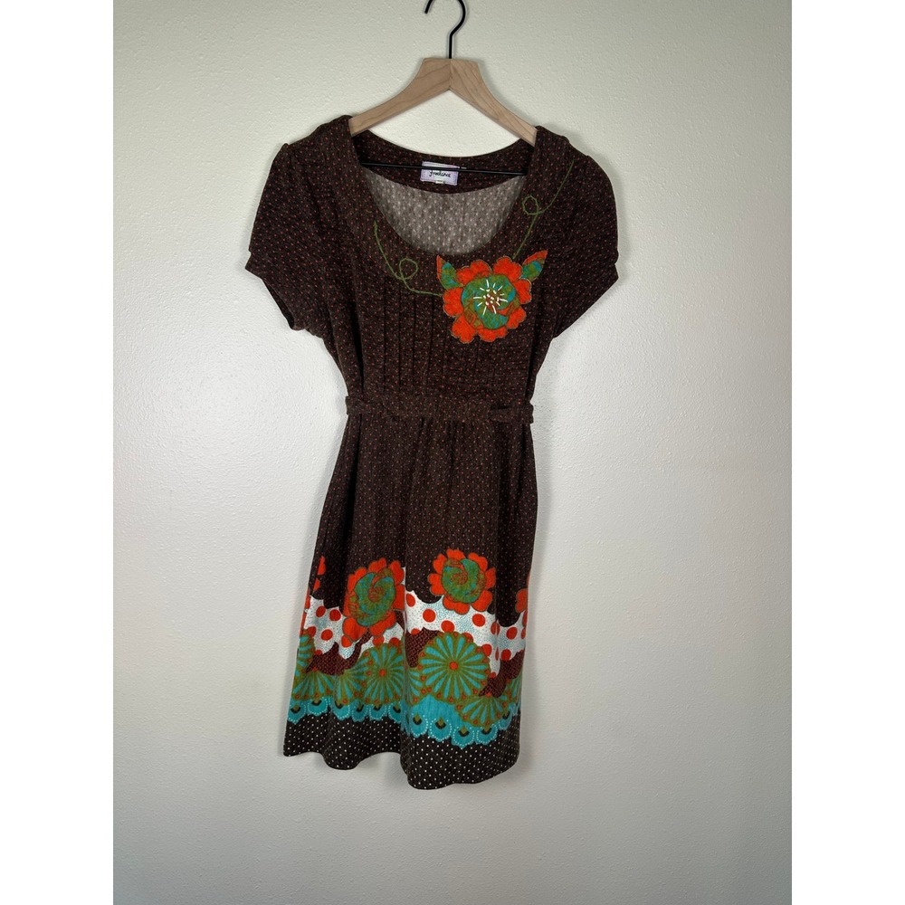FREELANCE Medium Brown Polka Dot Floral Embroidered Knit Short Sleeve Mini Dress